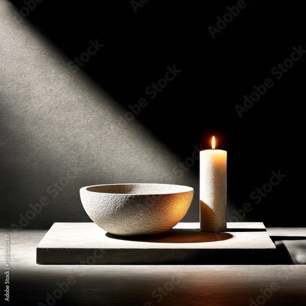 Fototapeta Stone Bowl and Candlelit Serenity: A Study in Texture, Light, and Shadow on a Concrete Surface.