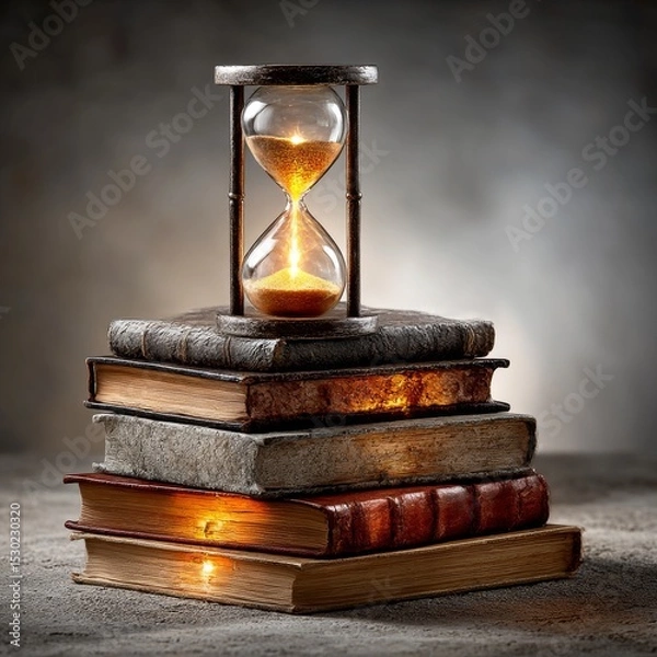 Fototapeta Time and Knowledge: An Hourglass atop Stacked Antique Books Represents the Fleeting Nature of Wisdom and Education