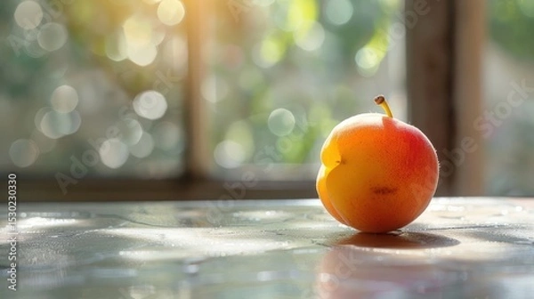 Fototapeta A ripe peach is sitting on a table.