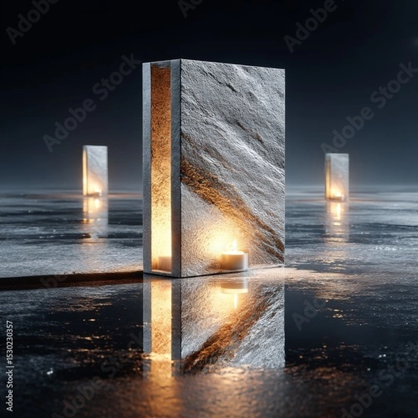 Fototapeta Stone Lanterns: Candles Glowing Inside Textured Pillars Reflected on a Wet, Dark Surface