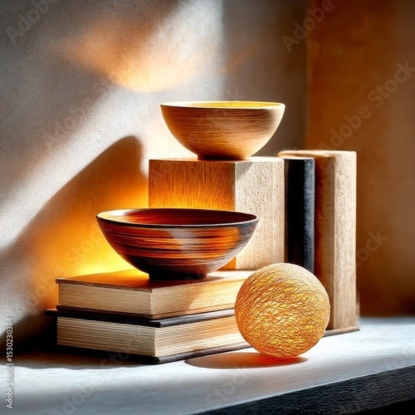 Fototapeta Warm Illumination: Still Life with Wooden Bowls, Books, and Textured Sphere, Bathed in Soft Light and Shadow