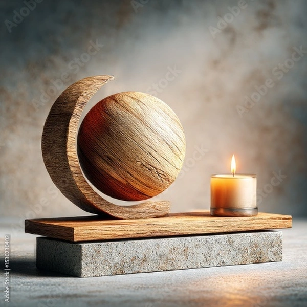 Fototapeta Wooden Sphere in a Crescent Holder with a Candle, Minimalist Aesthetic, Stone Base and Textured Background