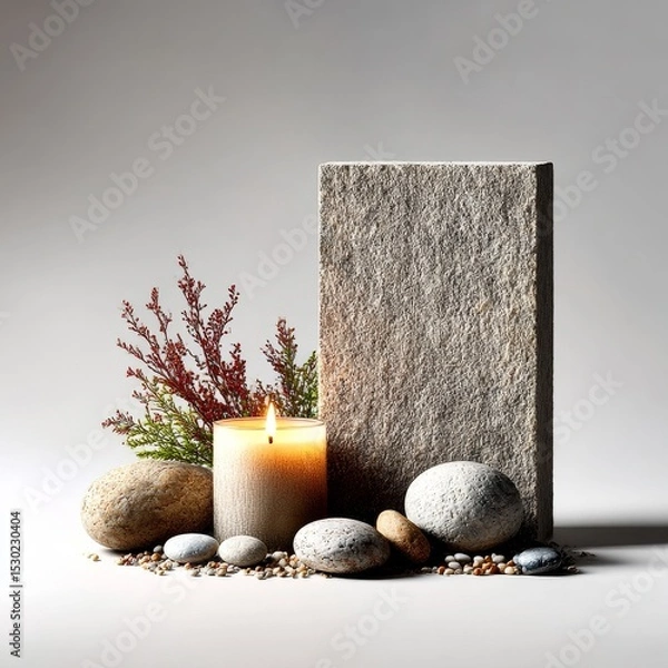Fototapeta Zen Still Life: Candlelight, Stone Slab, and Pebbles for Meditation and Relaxation