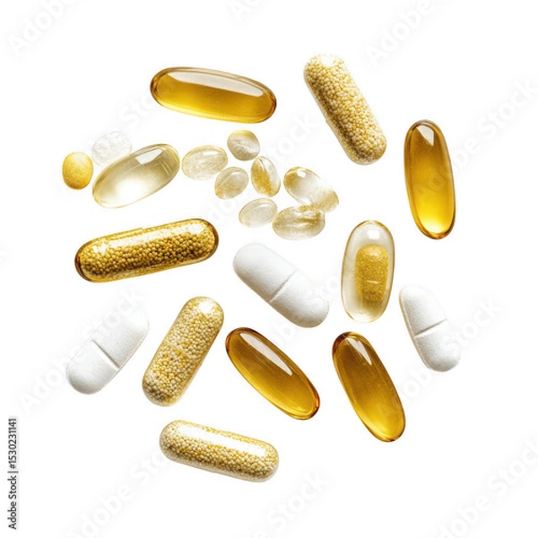 Obraz Assorted pills and capsules isolated on transparent background