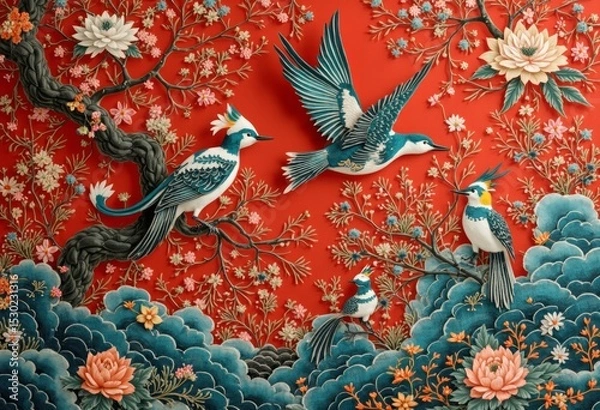 Fototapeta Red background bird art illustration