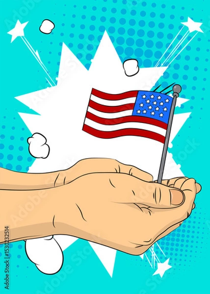 Obraz Cartoon, comic book human hands holding American Flag. Retro vector comics pop art design.