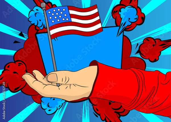 Obraz Cartoon, comic book human hands holding American Flag. Retro vector comics pop art design.