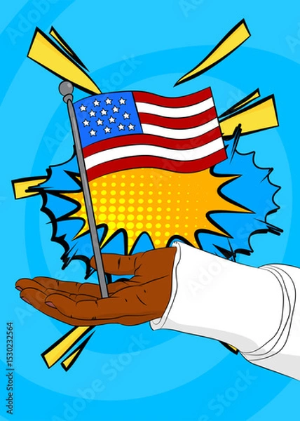 Obraz Cartoon, comic book human hands holding American Flag. Retro vector comics pop art design.