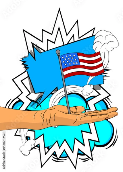 Obraz Cartoon, comic book human hands holding American Flag. Retro vector comics pop art design.