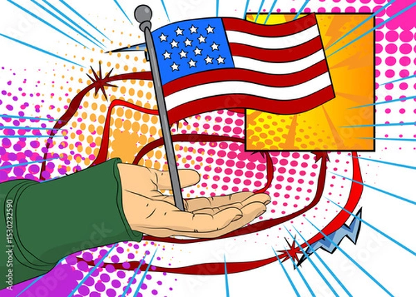 Obraz Cartoon, comic book human hands holding American Flag. Retro vector comics pop art design.