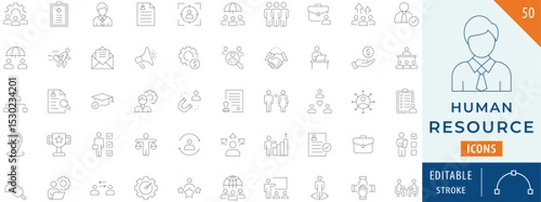 Fototapeta Human resources icon collection set. Contains recruitment, hr, agreements, business, development, and more. Editable stroke.