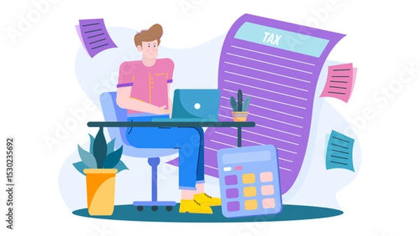 Fototapeta Man calculating taxes at desk with laptop and calculator. Suitable for financial, tax preparation, accounting, business, and technology concepts.