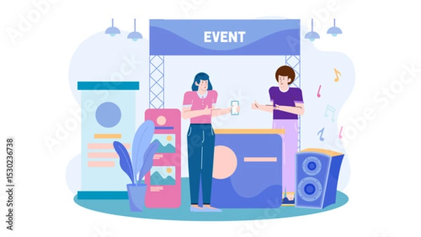 Fototapeta Two people at an event booth; suitable for promoting trade shows, conventions, networking events, or corporate gatherings in marketing materials.