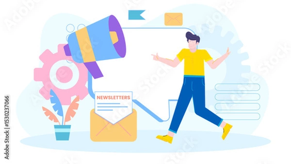 Obraz Man eagerly checks his email inbox filled with newsletters. Suitable for marketing, digital communication, excitement, technology, newsletter subscription concepts.