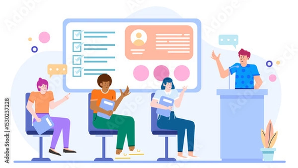 Obraz Man speaking to a group of people, suitable for business presentations, team meetings, seminars, leadership workshops, educational lectures.