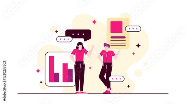 Obraz Two people discussing a bar graph. Suitable for business presentations, financial reports, teamwork concepts. Corporate settings, analytics discussions, collaboration visuals.