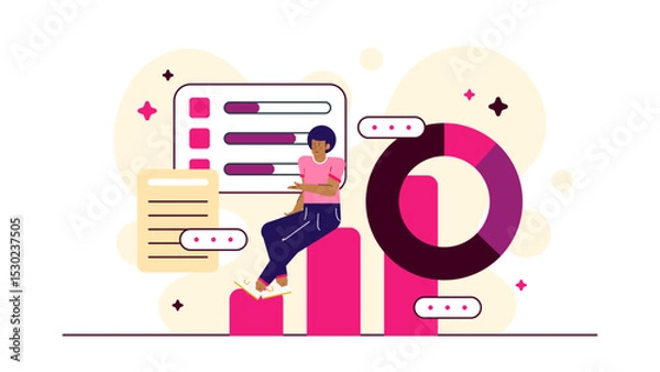 Obraz Person sitting on a chart with graphs and progress bars. Suitable for business presentations, financial reports, data analysis visuals.
