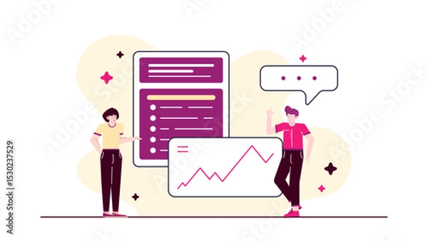 Obraz Two people in a meeting discussing a chart and a checklist, useful for business presentations, team collaboration, project planning.