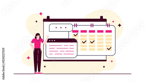 Obraz Woman standing by marked calendar, planning or scheduling concept, time management, productivity, goal setting, organization, appointments, events, deadlines.