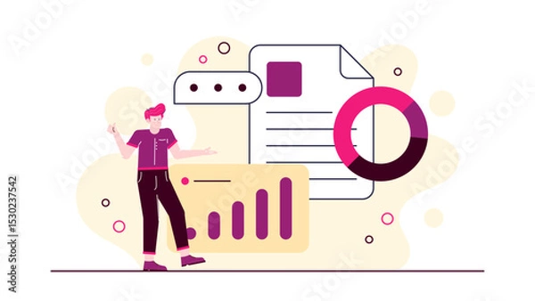 Obraz Man in a purple shirt with charts and a pie chart. Perfect for business presentations, financial reports, data analysis concepts.