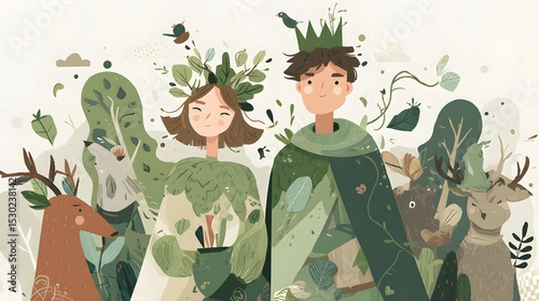Obraz flat illustration of a nature-inspired princess and prince