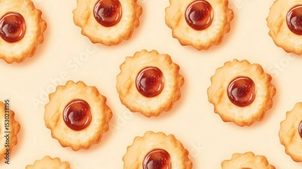 Fototapeta Flat lay of multiple round cookies with jelly filling on a beige background.