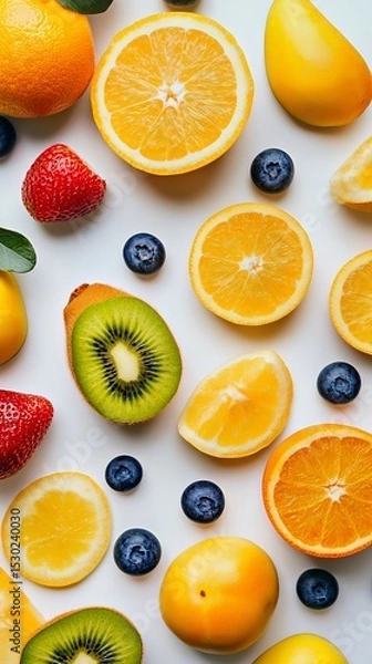 Fototapeta Colorful assortment of sliced fruits including oranges, kiwis, and strawberries.