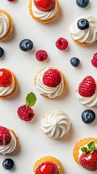 Fototapeta Delicious mini cupcakes adorned with fresh strawberries and blueberries on a light backdrop.