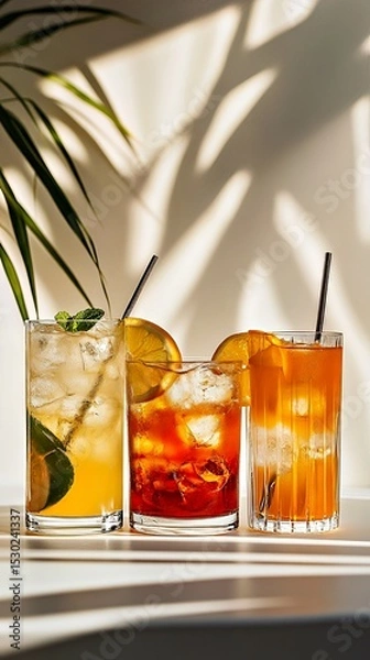 Fototapeta Three refreshing cocktails with citrus and mint, vibrant summer vibes.