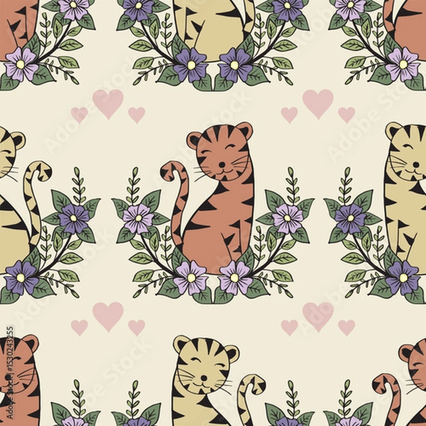 Fototapeta Seamless pattern with cute cats and flowers. Vector illustration.