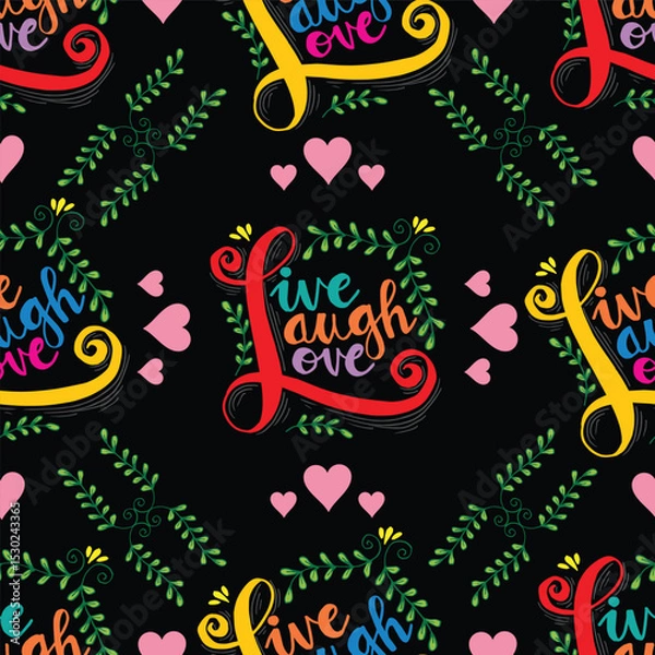 Fototapeta Live lough love. Seamless pattern with hand drawn lettering and hearts. Vector illustration.