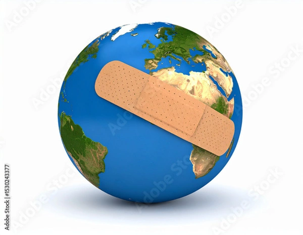 Fototapeta AI generated realistic globe with bandage wrapped around it symbolizing environmental damage and healing concept white background climate change earth protection conservation metaphor
