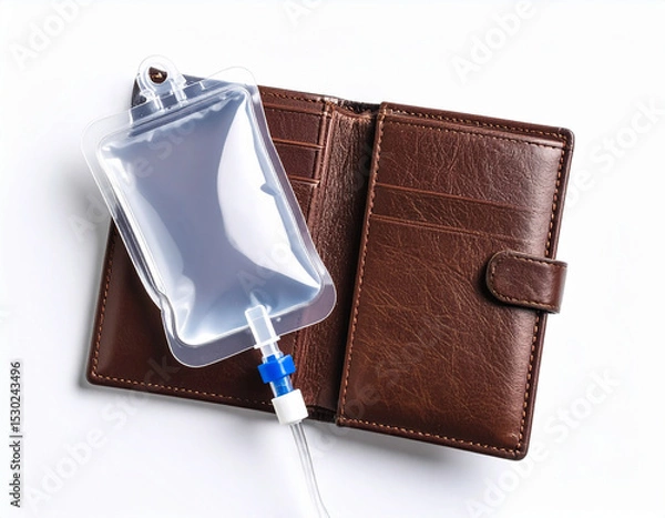 Fototapeta AI generated realistic empty men's wallet with medical iv bag attached symbolizing financial struggle and economic health concept white background poverty money crisis metaphor