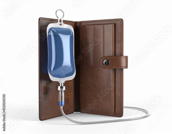 Fototapeta AI generated realistic empty men's wallet with medical iv bag attached symbolizing financial struggle and economic health concept white background poverty money crisis metaphor