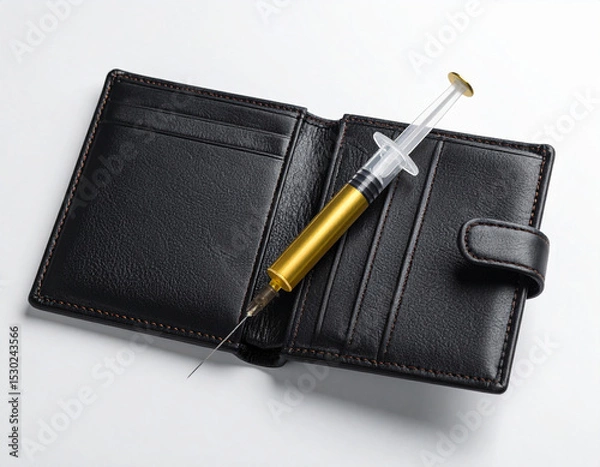 Fototapeta AI generated realistic empty men's wallet with golden liquid syringe symbolizing financial recovery and economic stimulus concept white background money solution wealth metaphor