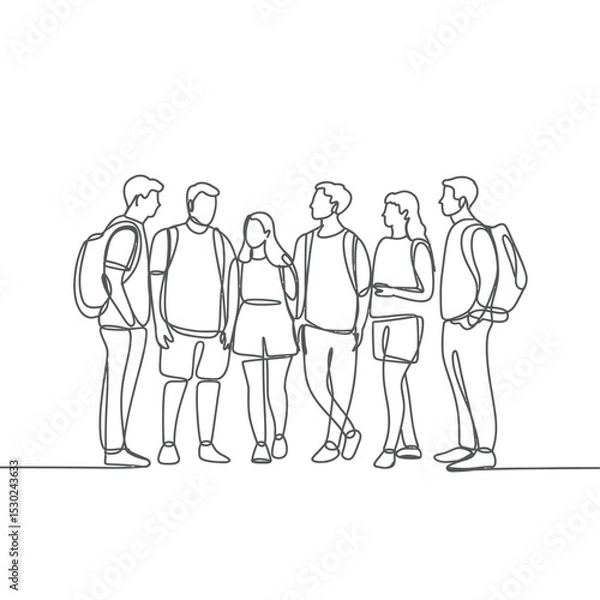 Fototapeta Continuous Line Drawing of a Group of Young Adults Standing Together