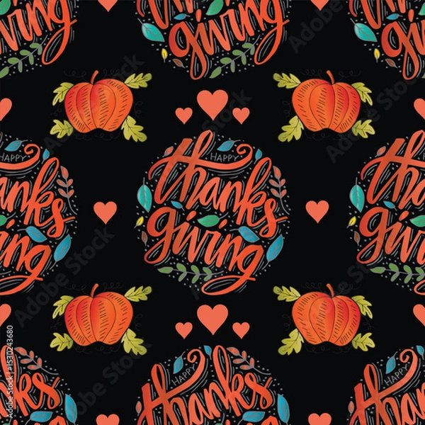Fototapeta Happy thanksgiving. Seamless pattern with hand-lettering and hearts.