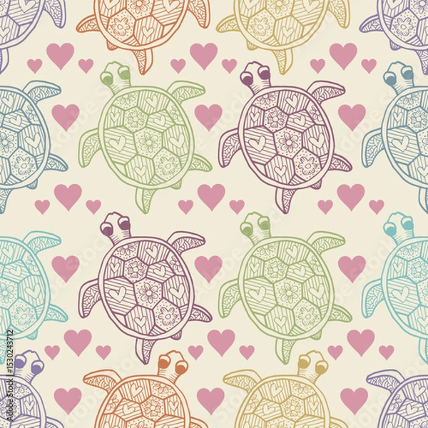 Fototapeta Seamless pattern with turtles and hearts. Vector illustration in doodle style.