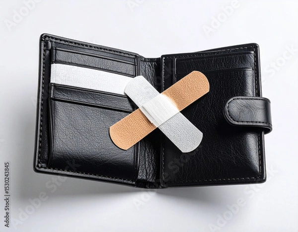 Fototapeta AI generated realistic empty men's wallet with bandage symbolizing financial injury and economic recovery concept white background money struggle healing metaphor