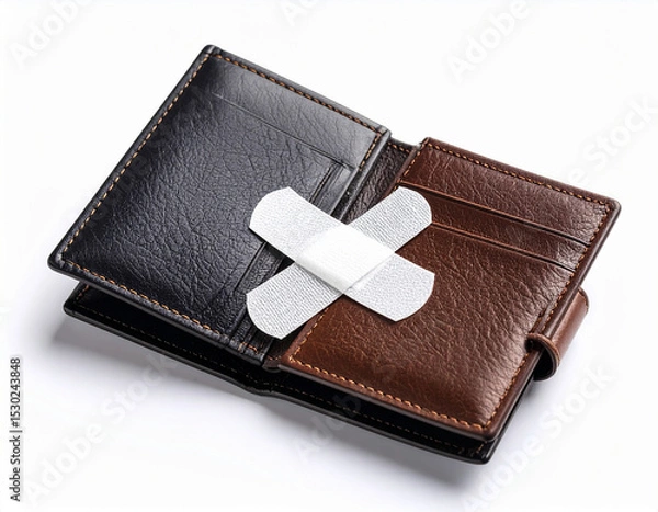 Fototapeta AI generated realistic empty men's wallet with bandage symbolizing financial injury and economic recovery concept white background money struggle healing metaphor