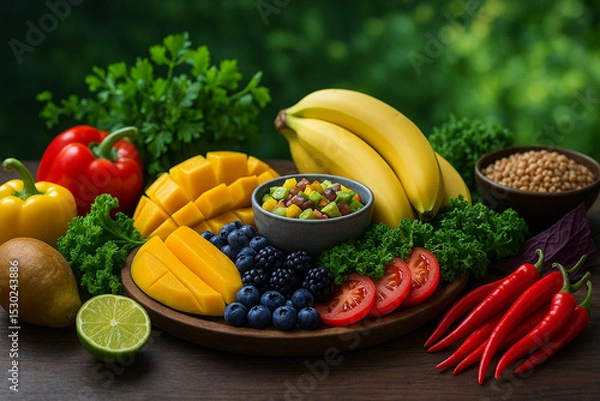 Fototapeta Assorted tropical fruits and vegetables including mango, banana, chili, and herbs on wooden surface. 