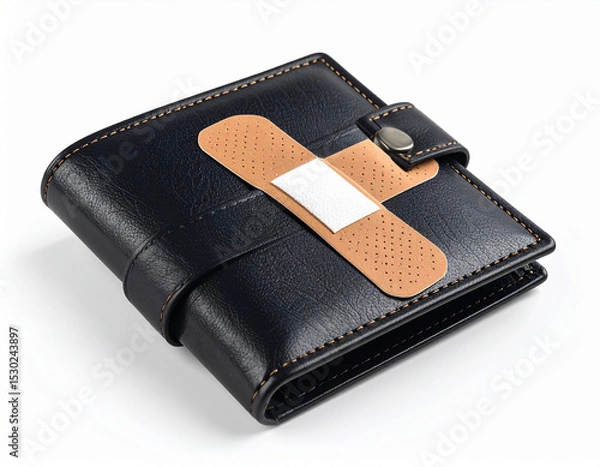 Fototapeta AI generated realistic empty men's wallet with bandage symbolizing financial injury and economic recovery concept white background money struggle healing metaphor