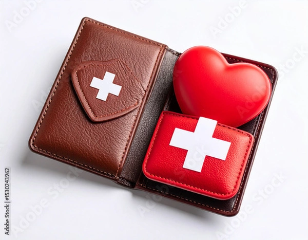 Fototapeta AI generated realistic empty men's wallet with emergency AED defibrillator pads symbolizing financial crisis and urgent economic recovery white background money rescue metaphor