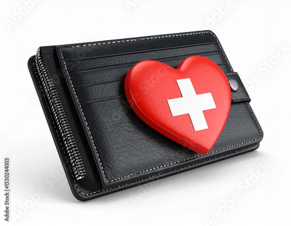 Fototapeta AI generated realistic empty men's wallet with emergency AED defibrillator pads symbolizing financial crisis and urgent economic recovery white background money rescue metaphor
