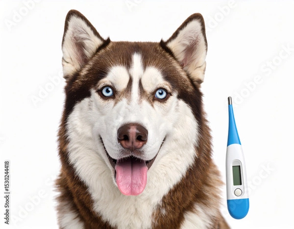 Fototapeta AI generated happy siberian husky dog with high fever thermometer showing elevated temperature symbolizing pet health monitoring and veterinary care concept white background animal wellness check