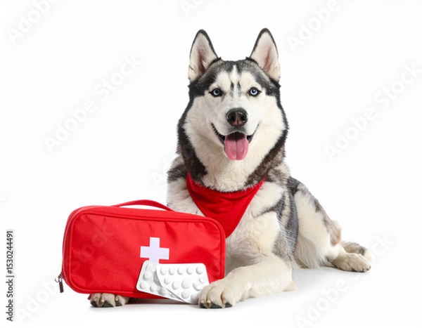 Fototapeta AI generated happy siberian husky dog with emergency AED pads symbolizing pet emergency care and life-saving veterinary treatment concept white background animal health crisis response