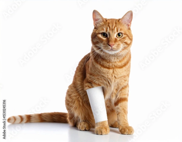 Fototapeta AI generated happy ginger tabby cat with front leg bandage symbolizing loving feline care and injury recovery concept white background veterinary treatment and pet first aid