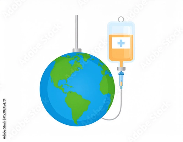 Fototapeta AI generated realistic globe with medical iv bag and tube symbolizing environmental care concept white background climate change earth protection healthcare metaphor