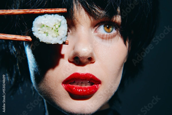 Fototapeta Portrait of a young woman with short black hair, holding sushi with chopsticks, emphasizing bold red lips and a striking expression.