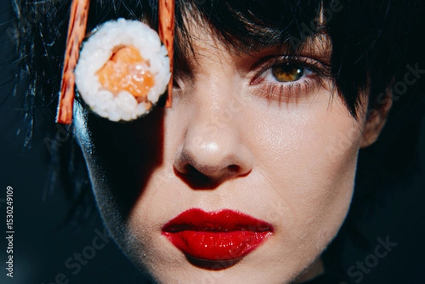 Fototapeta Stylish model with sushi and bold makeup, showcasing a unique culinary concept and urban flair in a dramatic lighting setup.